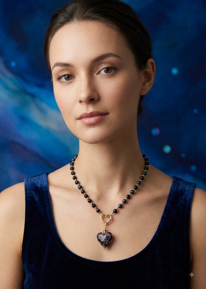 Black & Blue Tiger Eye Necklace with Artisan Glass Heart Pendant | Handmade Boho Luxe