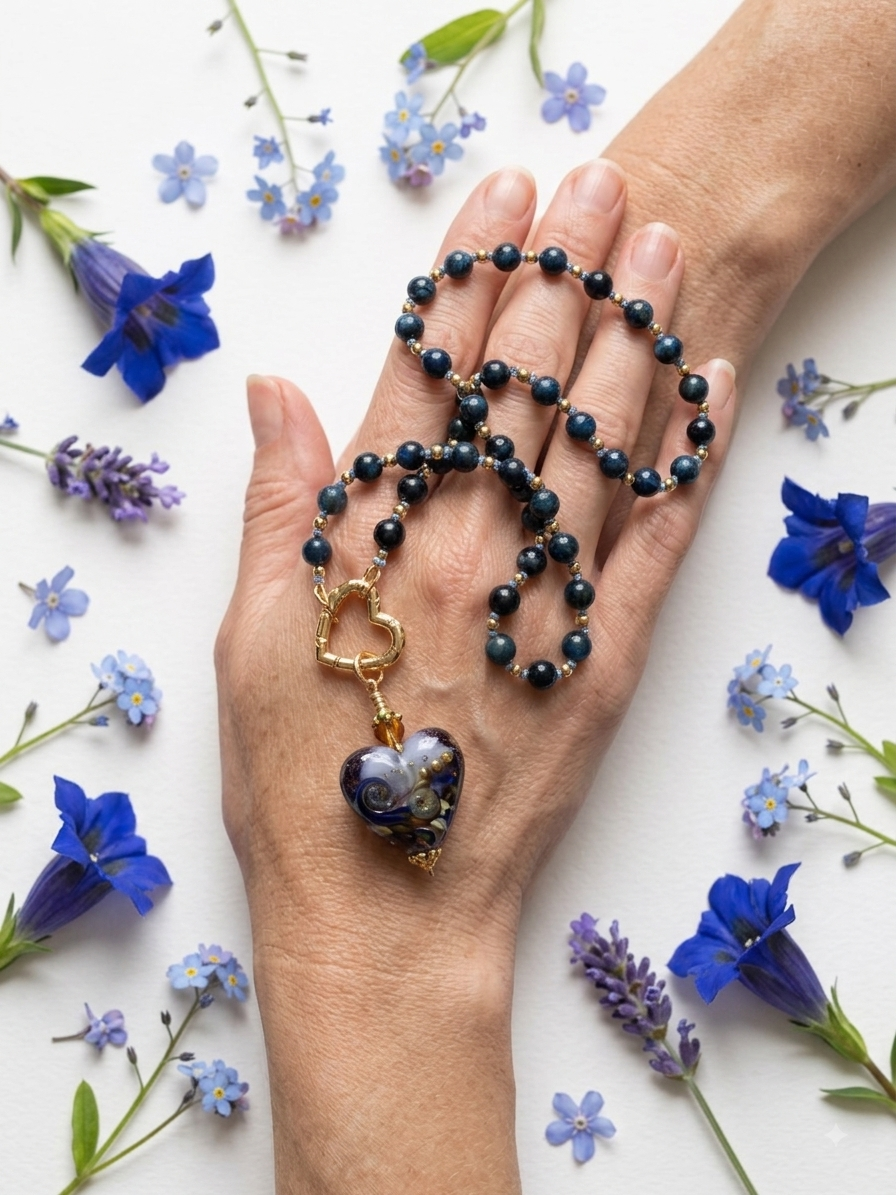Black & Blue Tiger Eye Necklace with Artisan Glass Heart Pendant | Handmade Boho Luxe