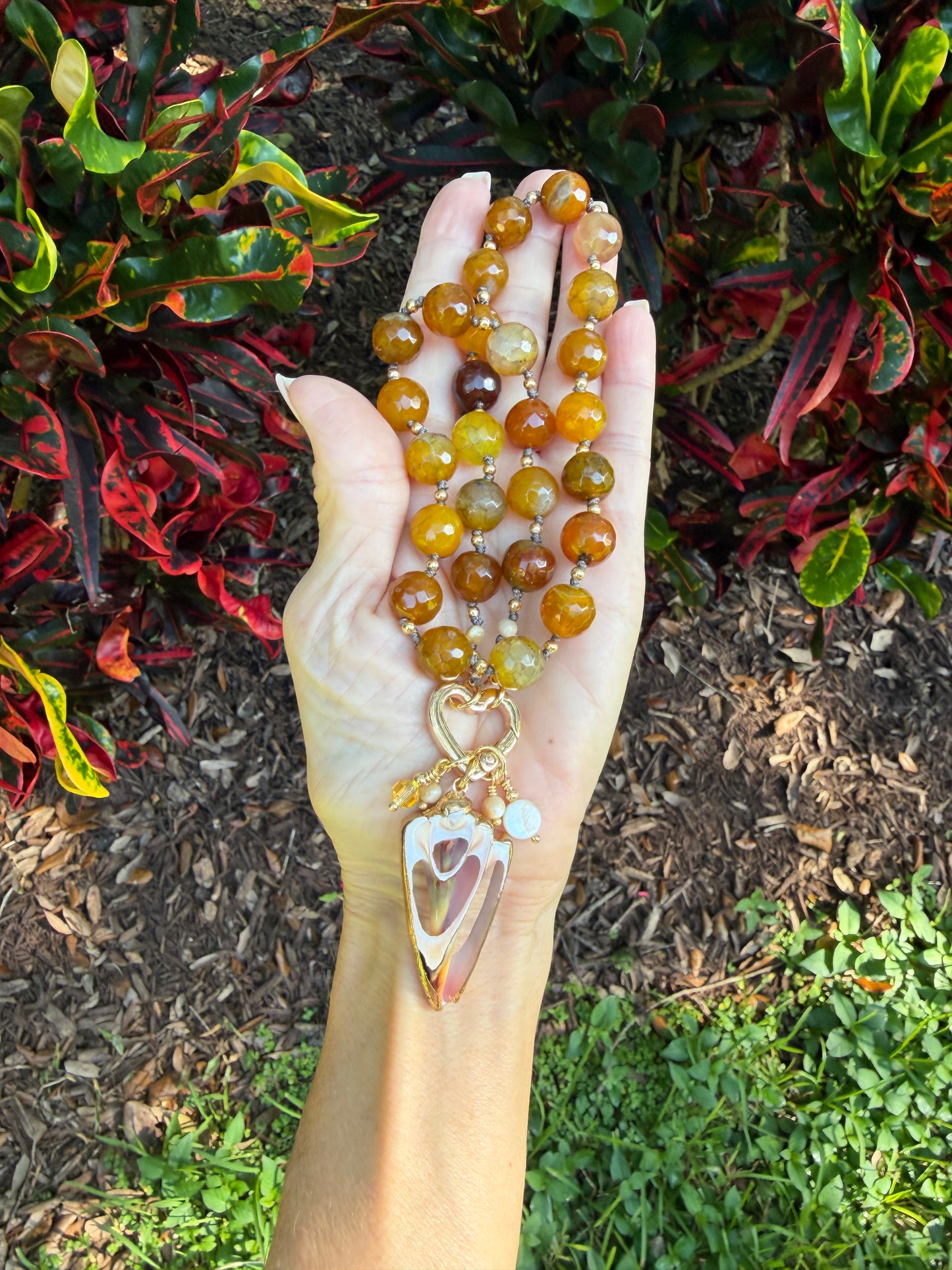 Golden Agate and Shell Pendant