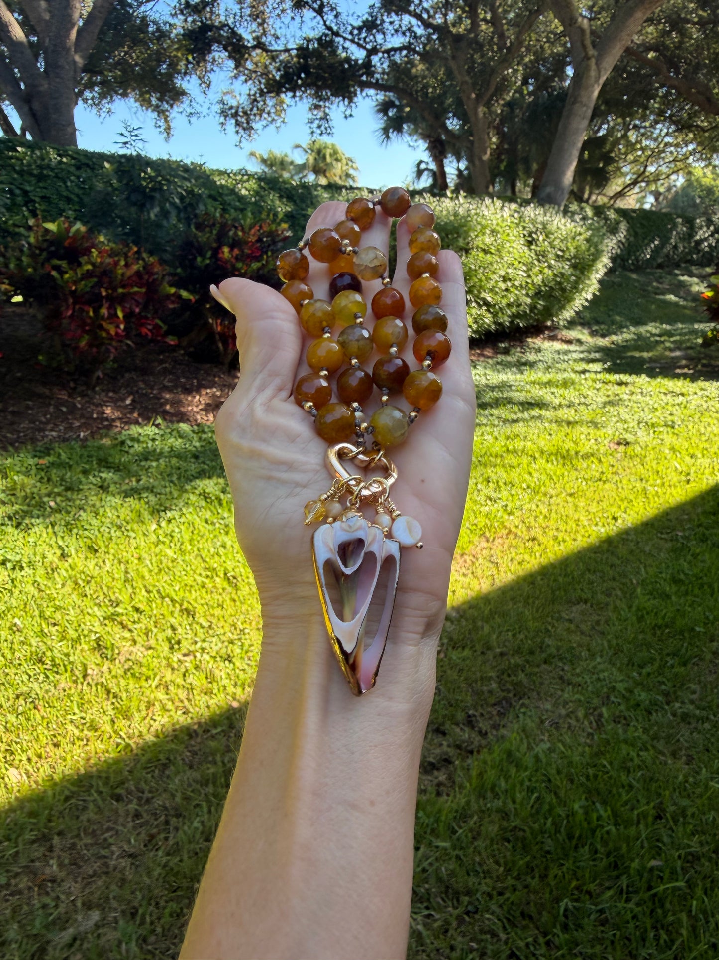 Golden Agate and Shell Pendant