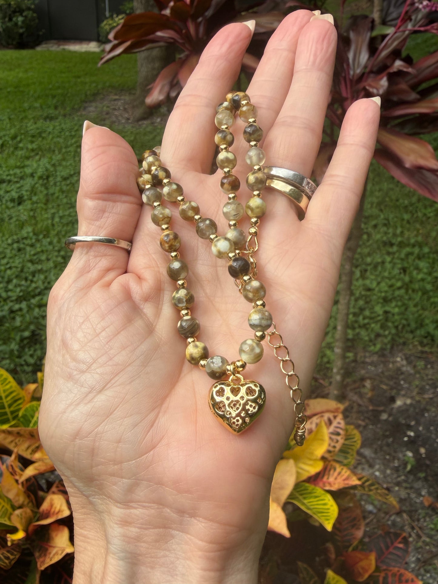 Fire Agate necklace with CZ heart