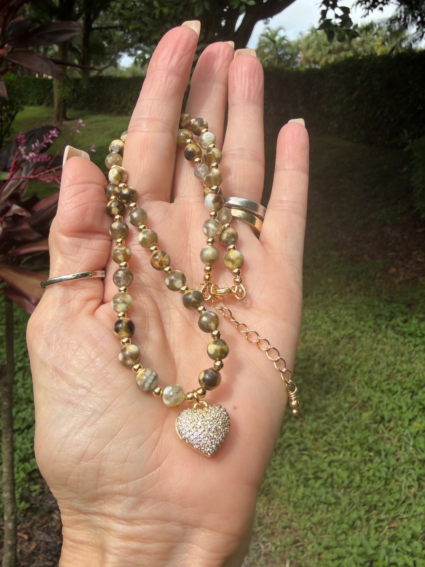 Fire Agate necklace with CZ heart