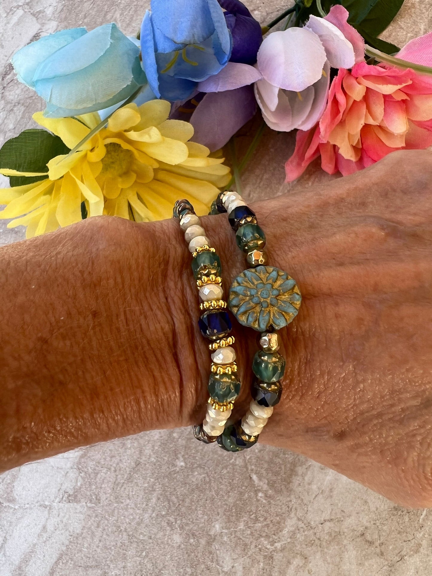Blue/Green Czech Glass  2 Piece Bracelet set