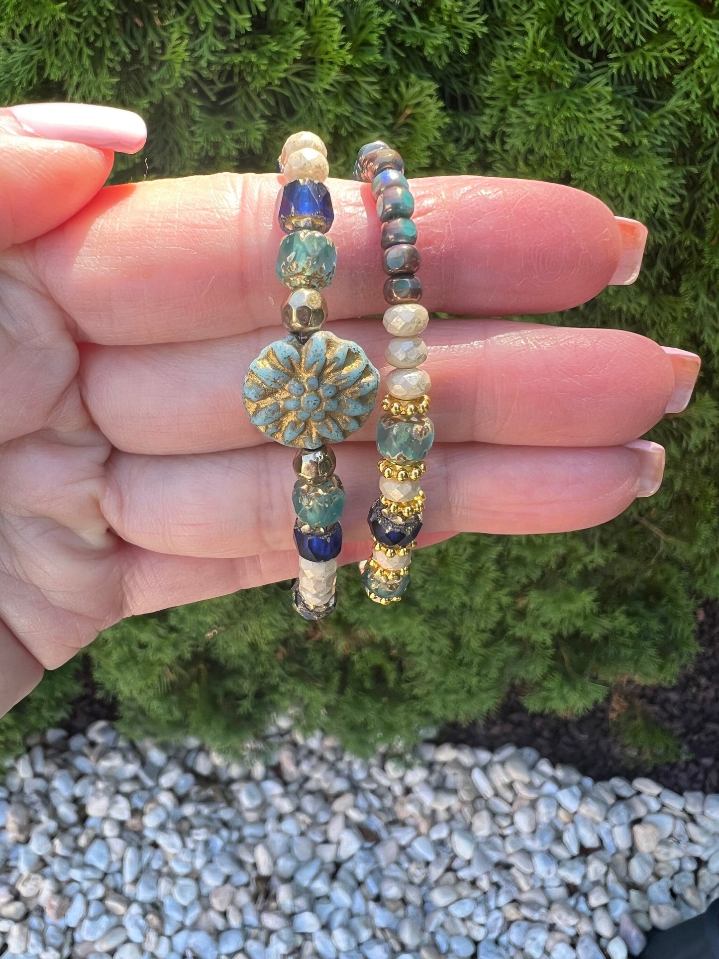 Blue/Green Czech Glass  2 Piece Bracelet set