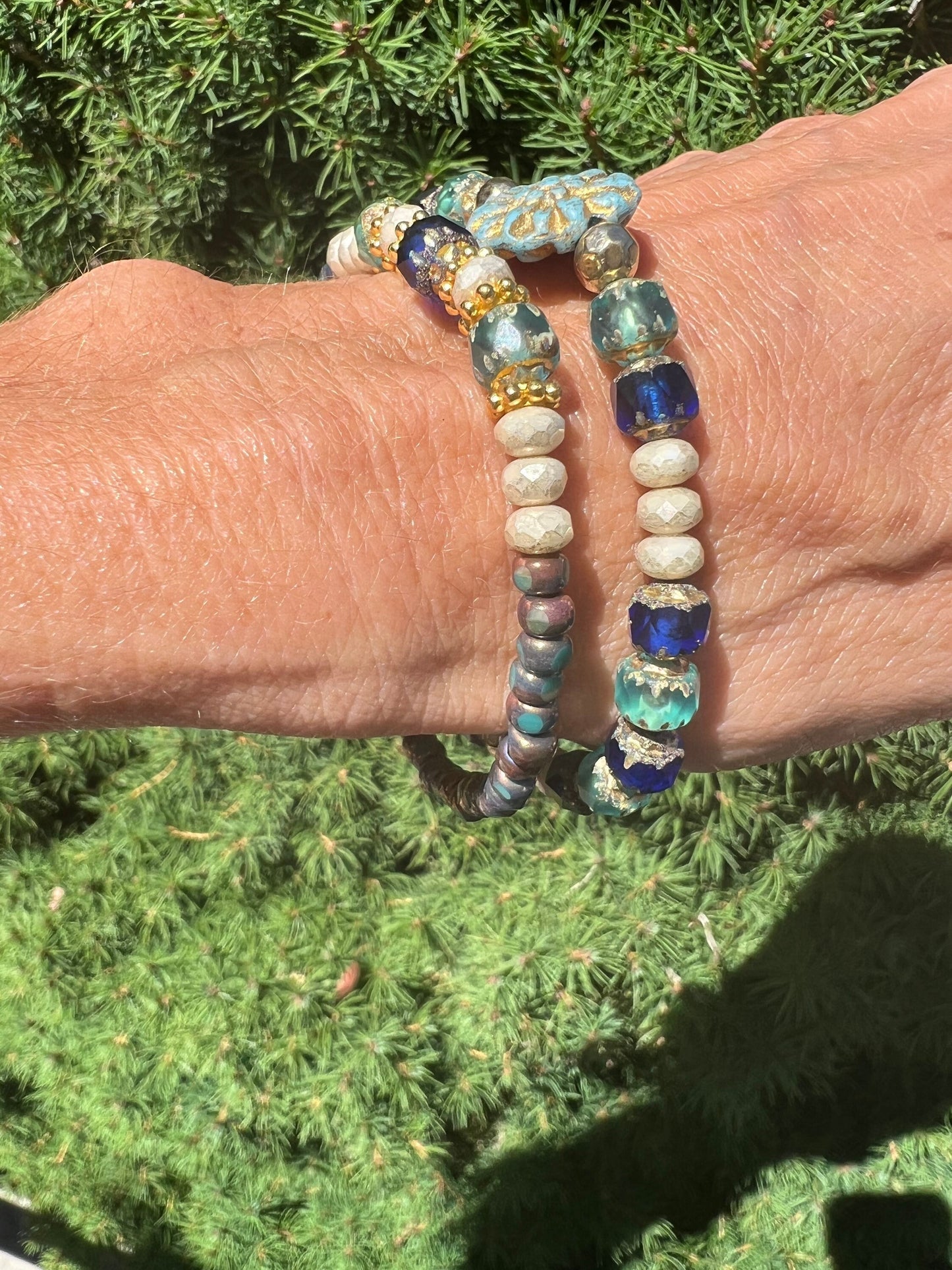 Blue/Green Czech Glass  2 Piece Bracelet set