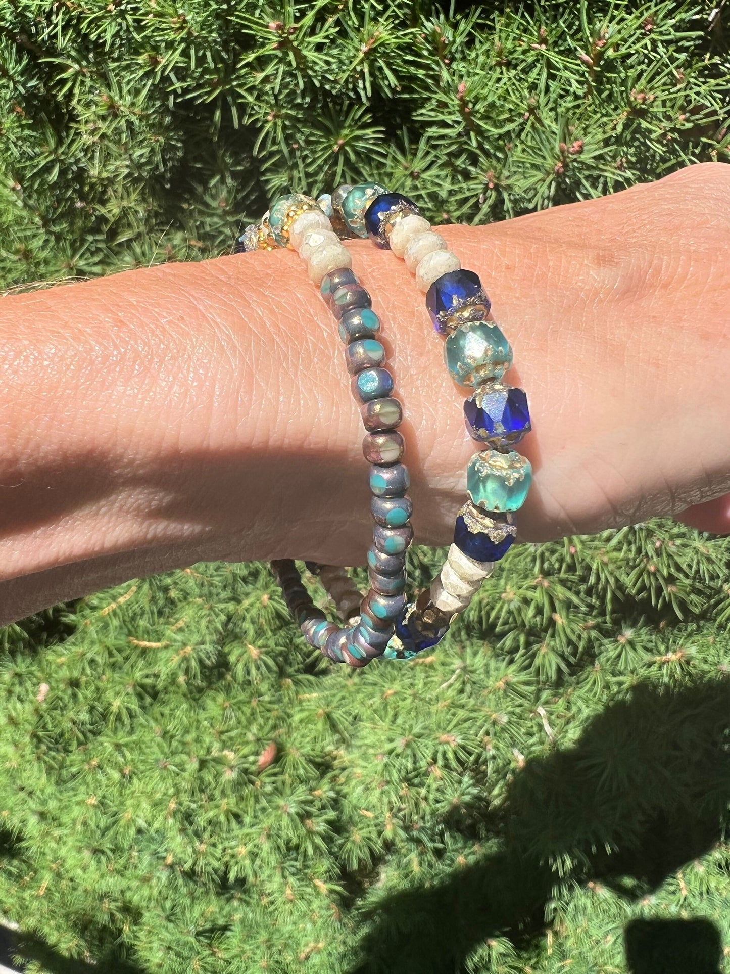 Blue/Green Czech Glass  2 Piece Bracelet set