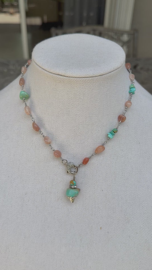 Turquoise & Peach Moonstone Boho Necklace | OOAK Wire Wrapped Gemstone Pendant